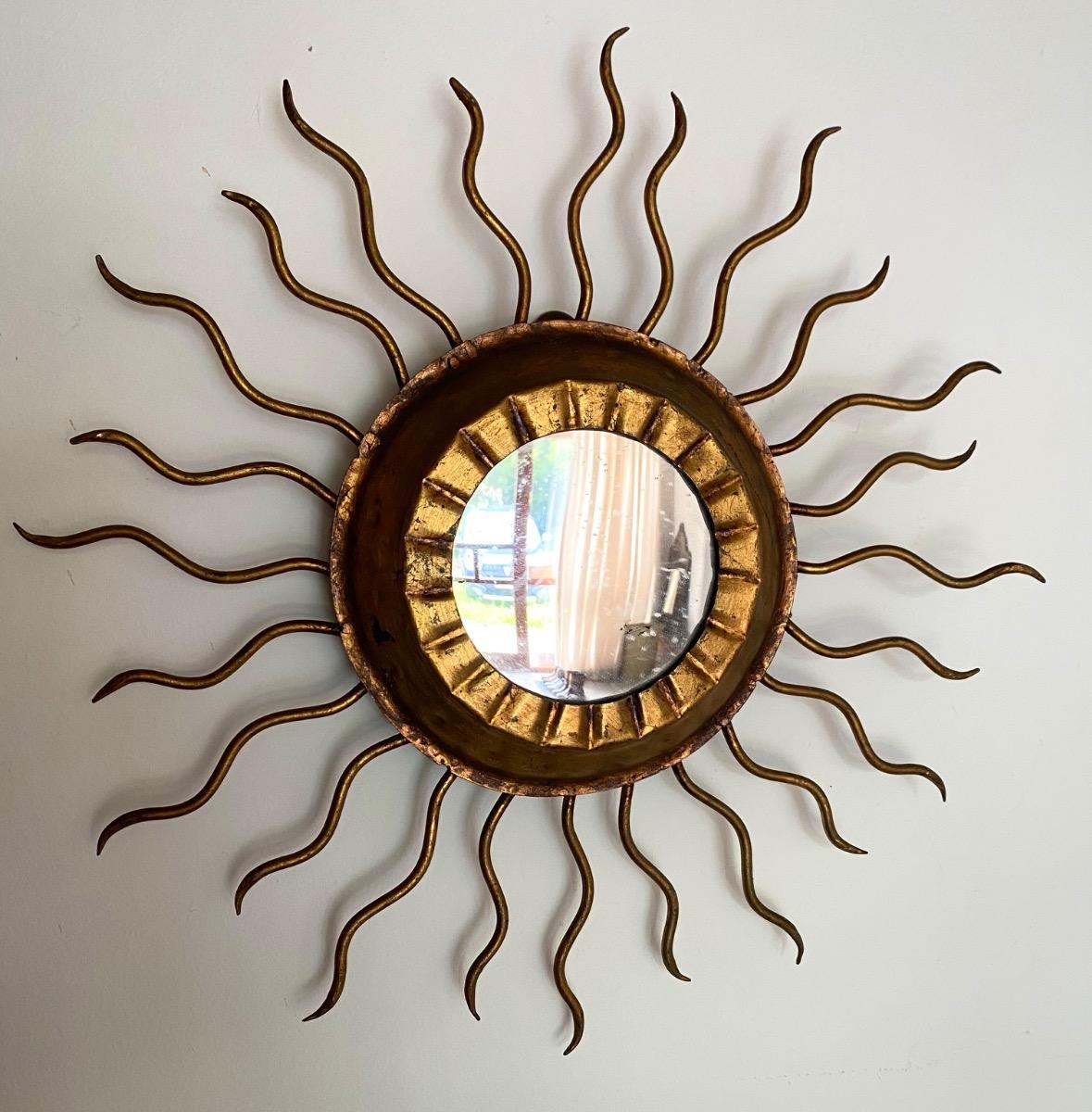 Spain mid century modern 50’s gilt metal sunburst mirror and light fixture 