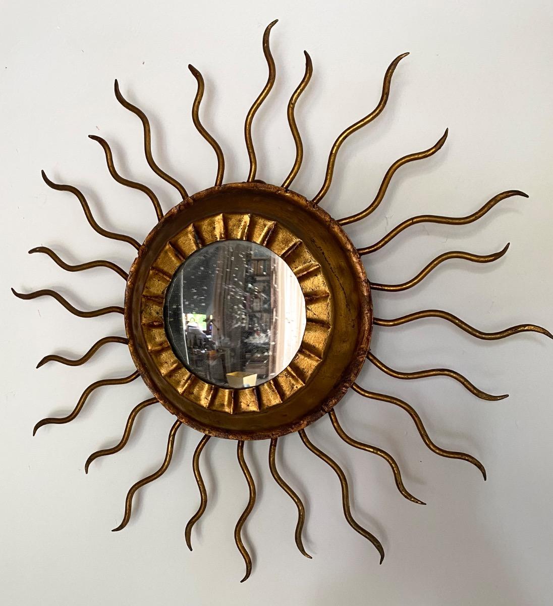 Spain mid century modern 50’s gilt metal sunburst mirror and light fixture 