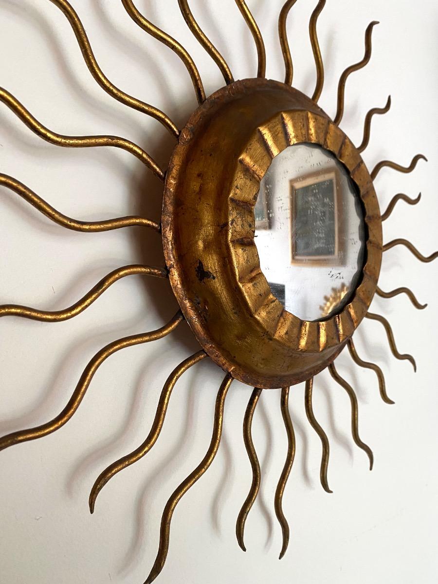 Spain mid century modern 50’s gilt metal sunburst mirror and light fixture 