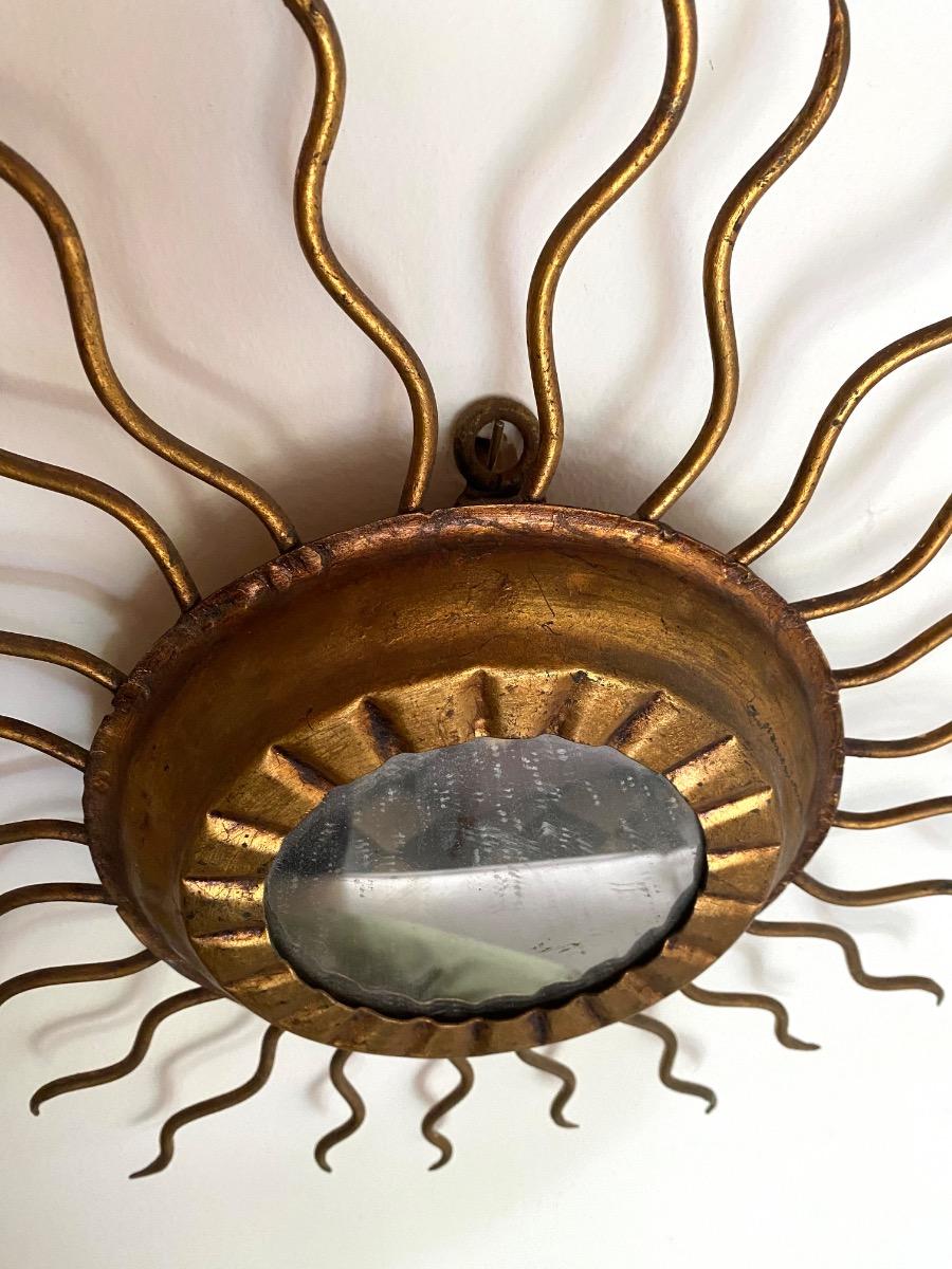 Spain mid century modern 50’s gilt metal sunburst mirror and light fixture 
