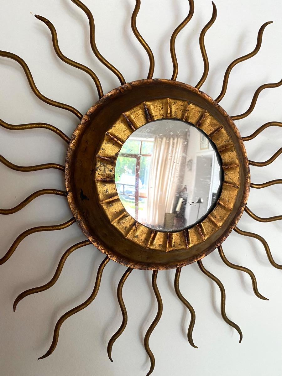 Spain mid century modern 50’s gilt metal sunburst mirror and light fixture 
