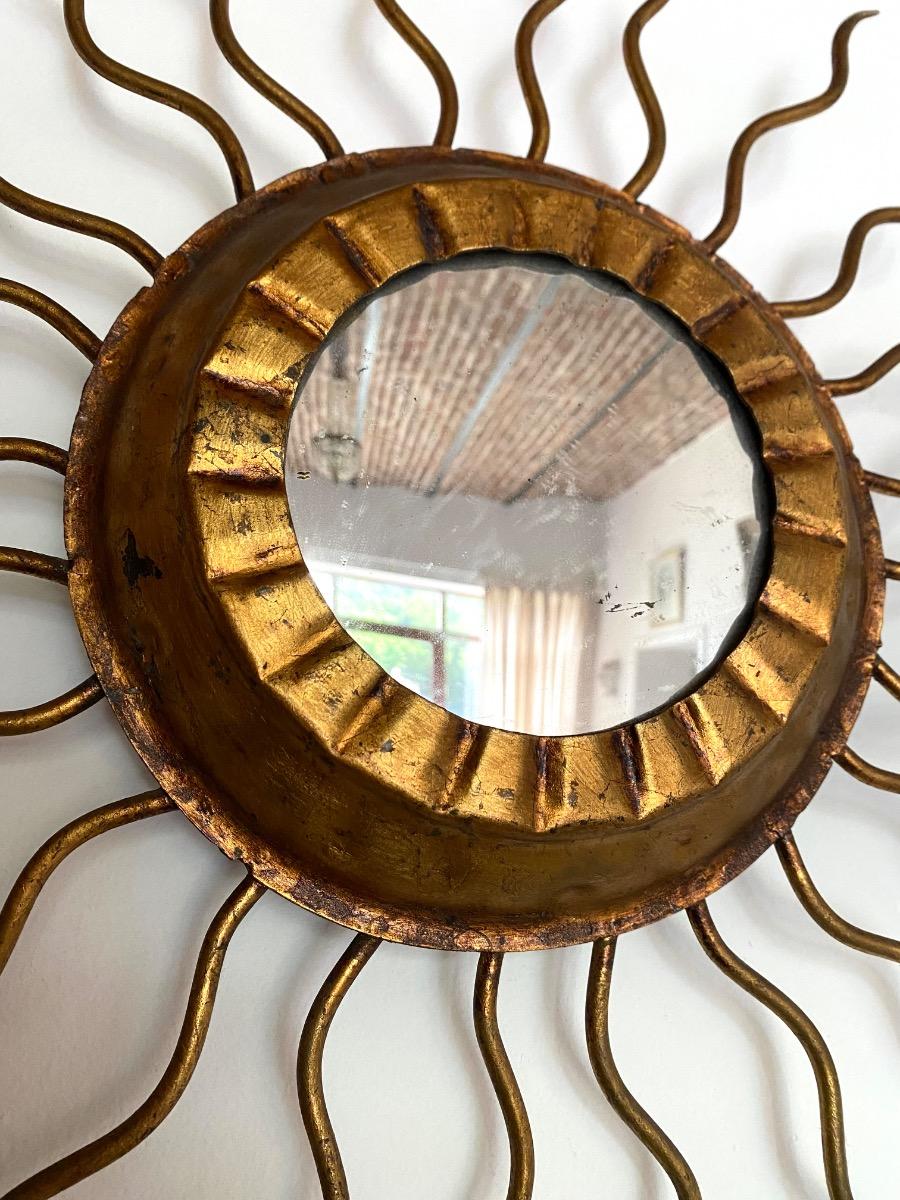 Spain mid century modern 50’s gilt metal sunburst mirror and light fixture 