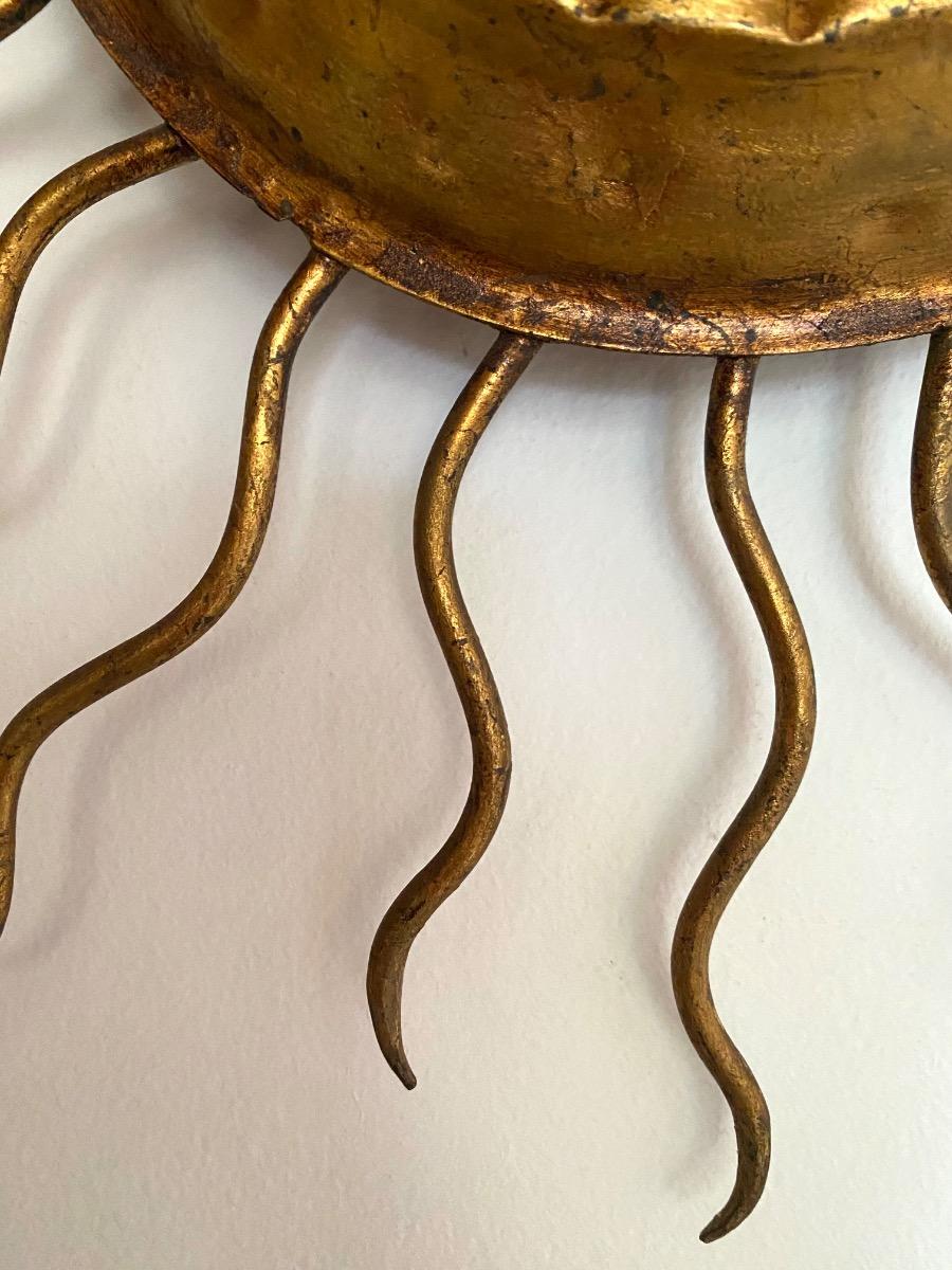 Spain mid century modern 50’s gilt metal sunburst mirror and light fixture 