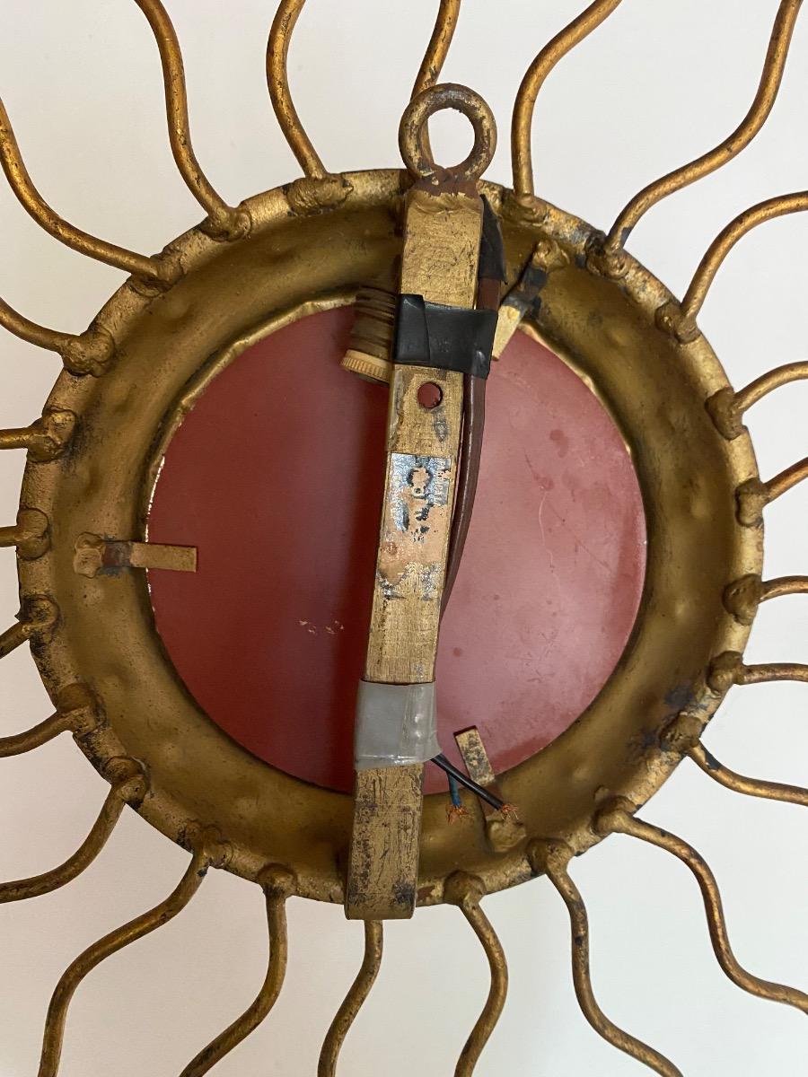 Spain mid century modern 50’s gilt metal sunburst mirror and light fixture 