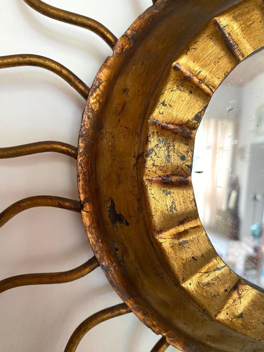 Spain mid century modern 50’s gilt metal sunburst mirror and light fixture 