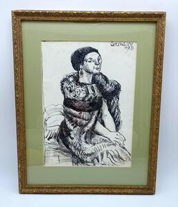 1925 ink drawing of a seated woman signed Marcel Gromaire 