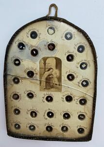 Antique French reliquary with 58 different relics behind glass