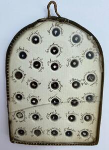 Antique French reliquary with 58 different relics behind glass