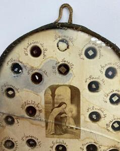 Antique French reliquary with 58 different relics behind glass