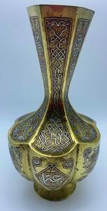 Antique Islamic Syrian silver inlaid brass Mamluk vase 