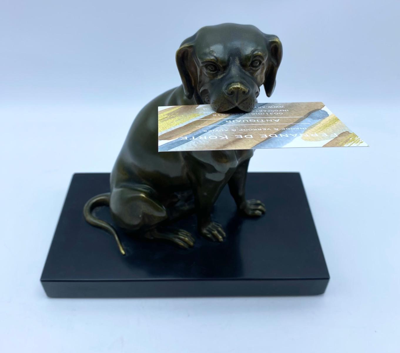 Antique 1900 bronze dog statue calling cart letter holder with moveable jaw