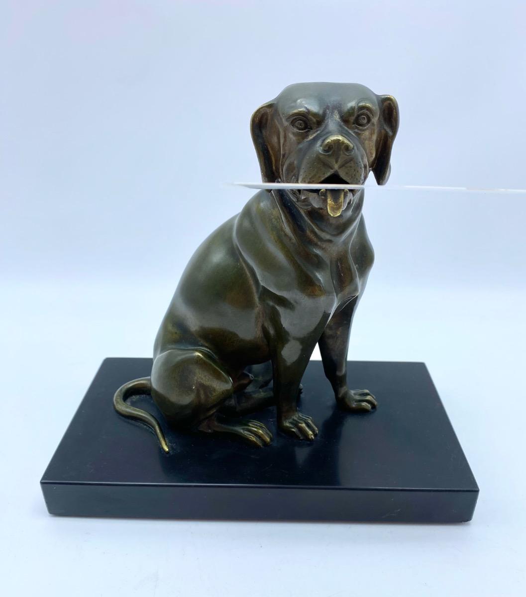 Antique 1900 bronze dog statue calling cart letter holder with moveable jaw