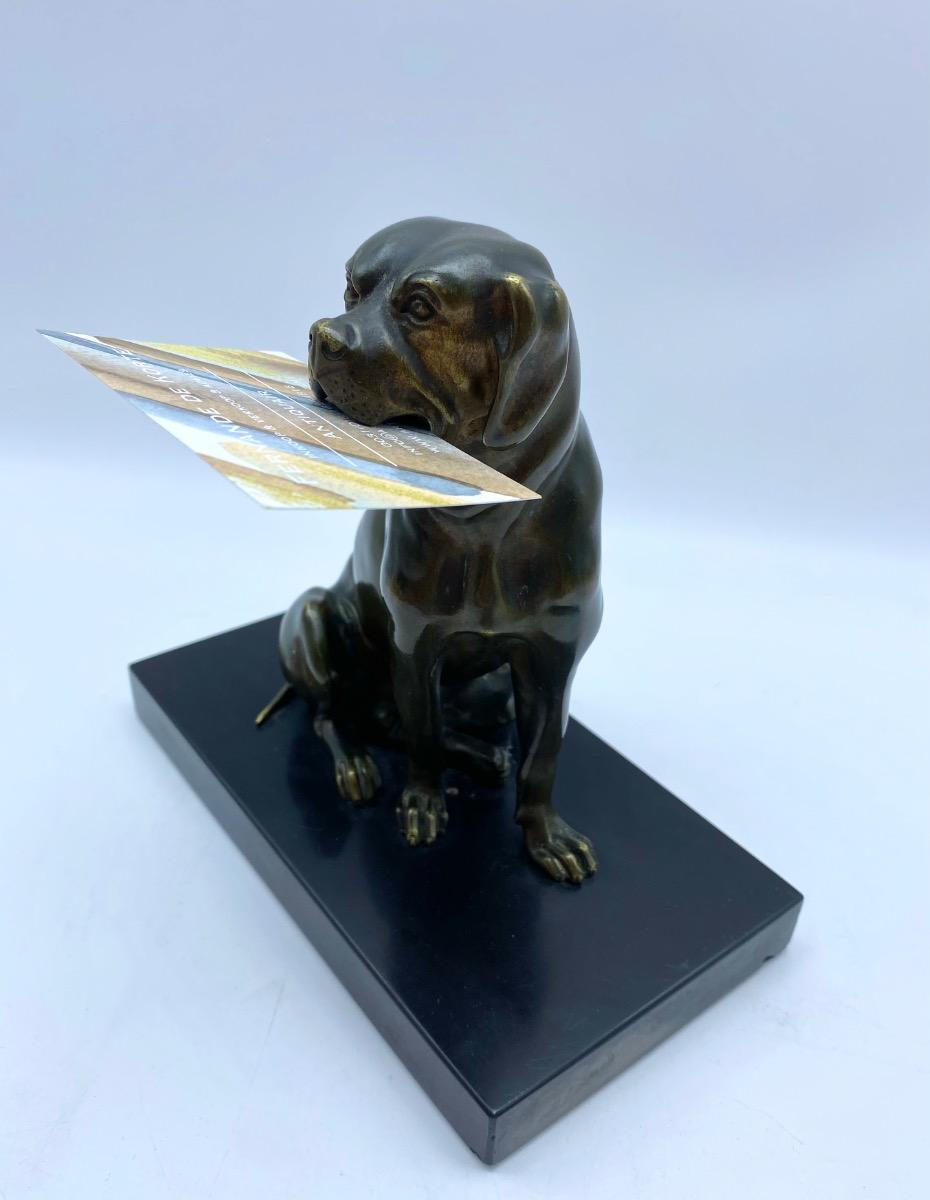 Antique 1900 bronze dog statue calling cart letter holder with moveable jaw