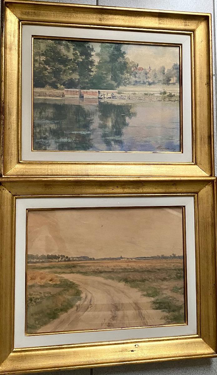 Antique 19C pair of watercolor landscape paintings in gilded wooden frames 