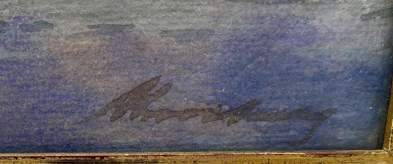 Antique 19C pair of watercolor landscape paintings in gilded wooden frames 