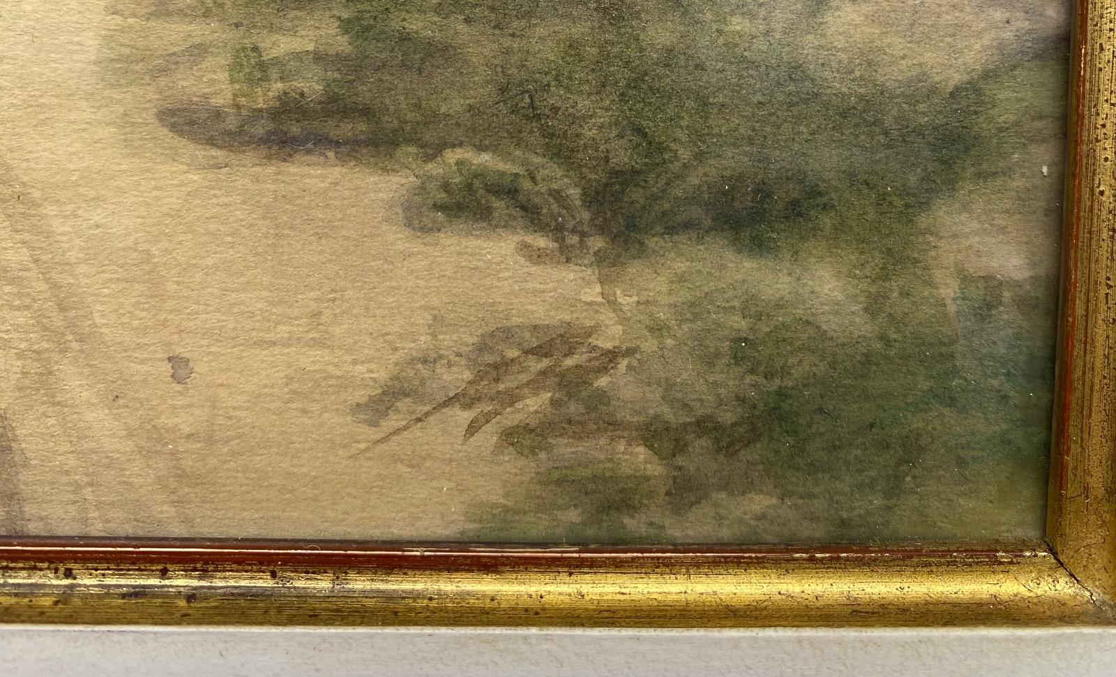 Antique 19C pair of watercolor landscape paintings in gilded wooden frames 