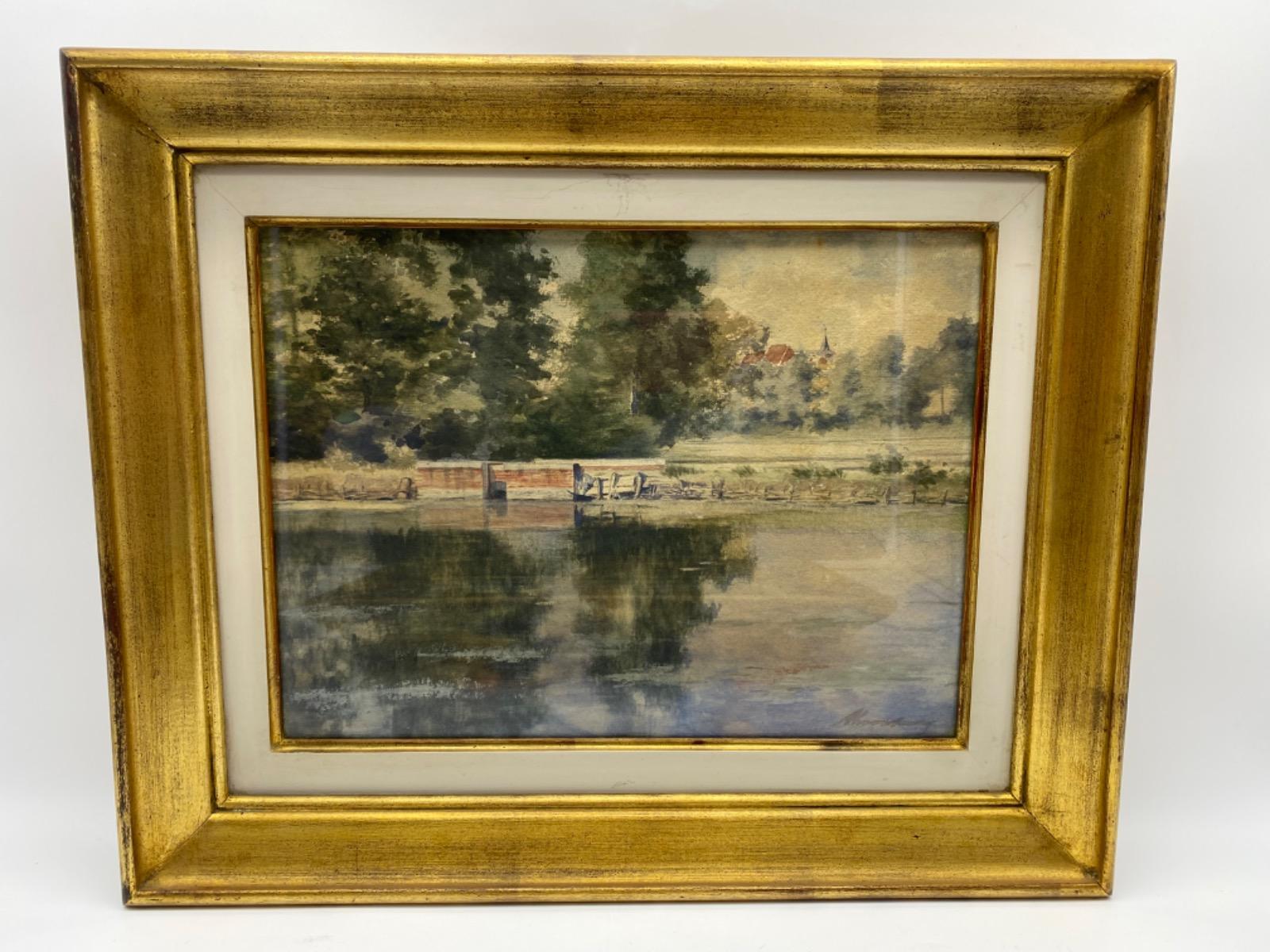 Antique 19C pair of watercolor landscape paintings in gilded wooden frames 