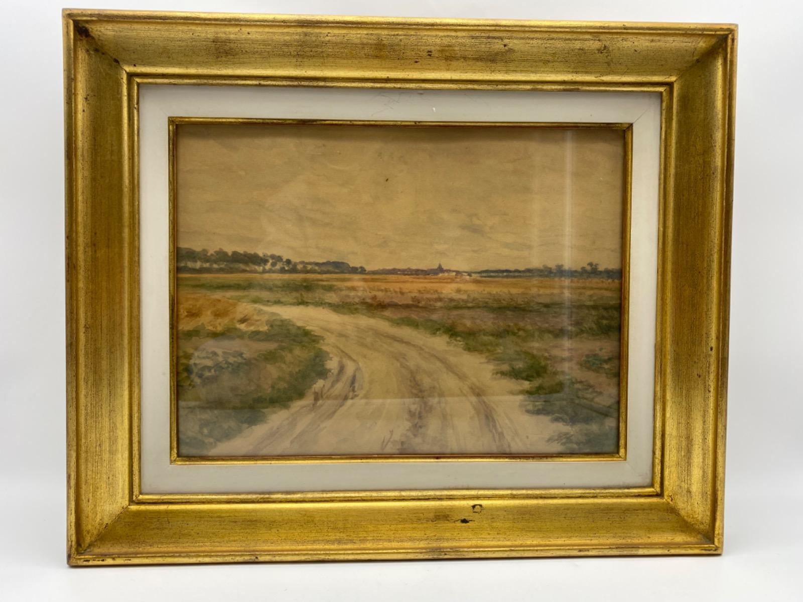 Antique 19C pair of watercolor landscape paintings in gilded wooden frames 