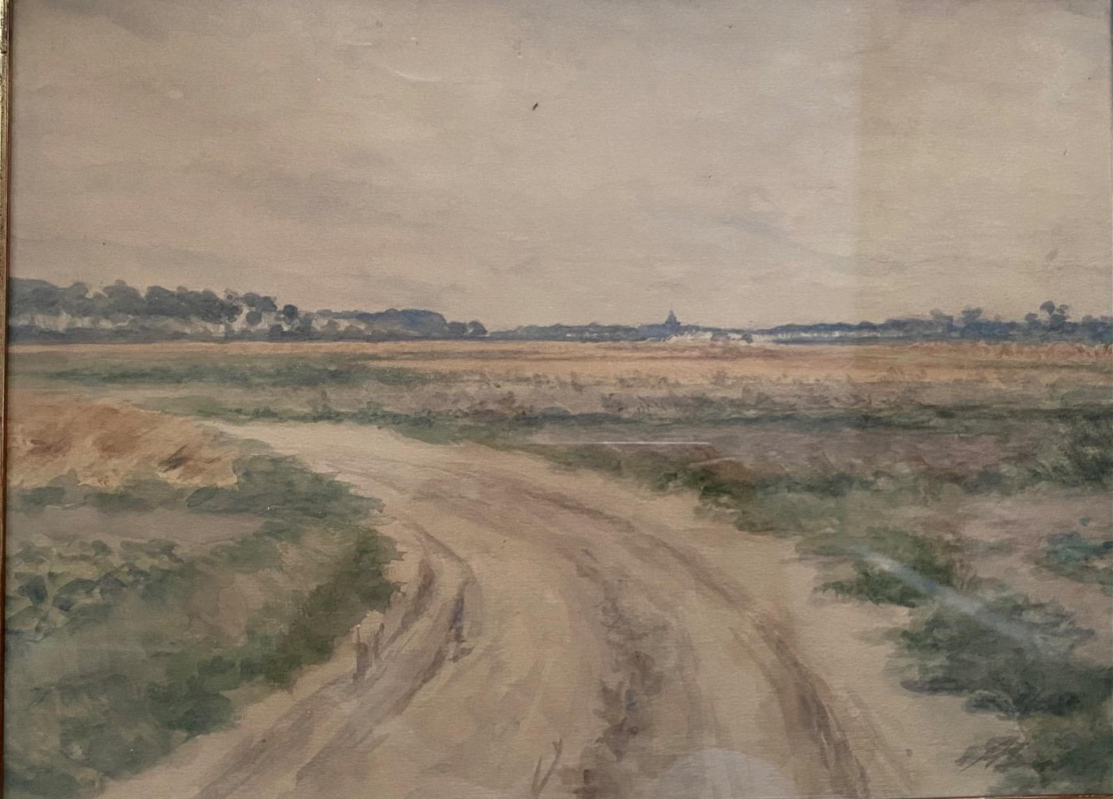 Antique 19C pair of watercolor landscape paintings in gilded wooden frames 