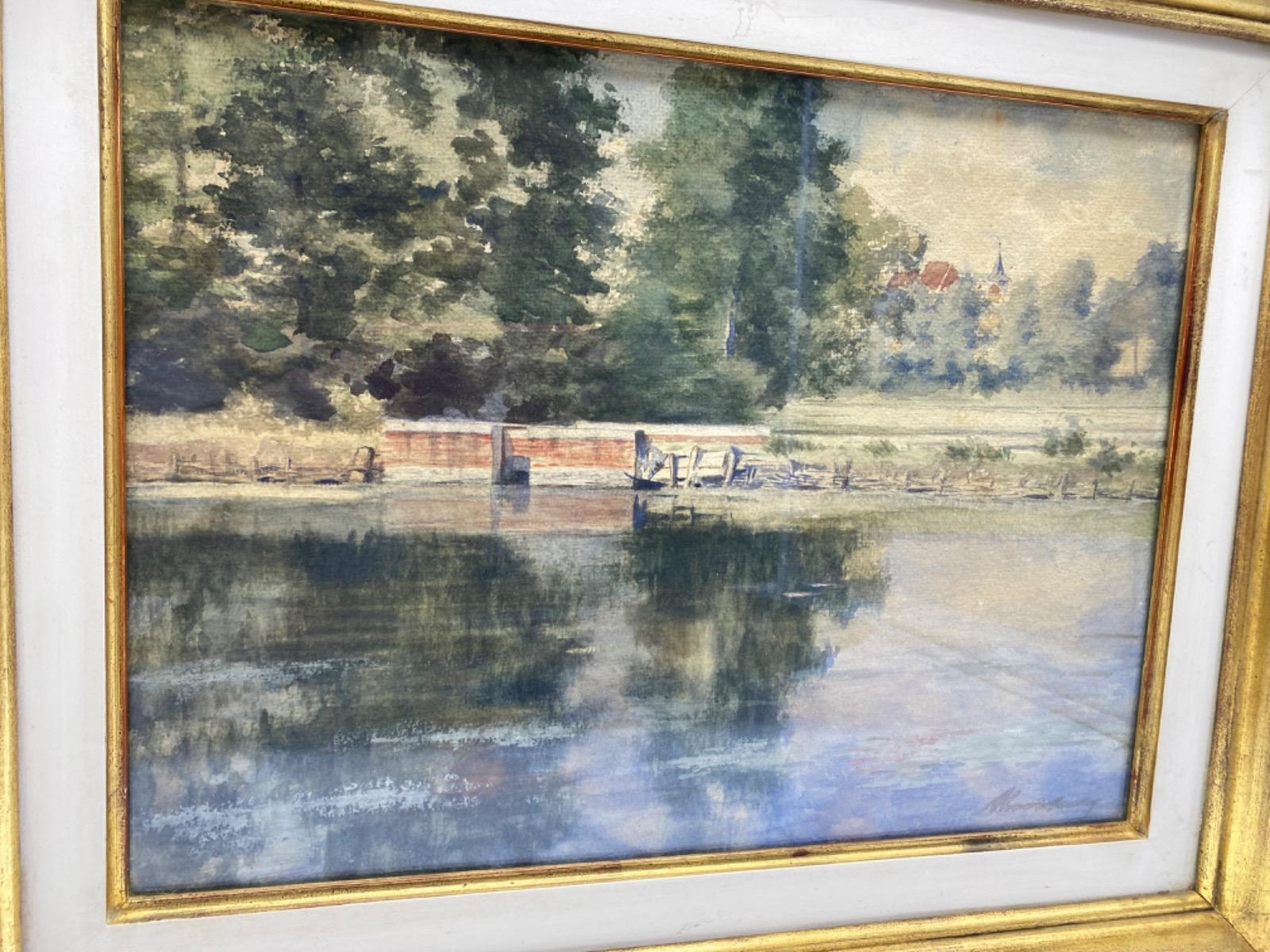 Antique 19C pair of watercolor landscape paintings in gilded wooden frames 