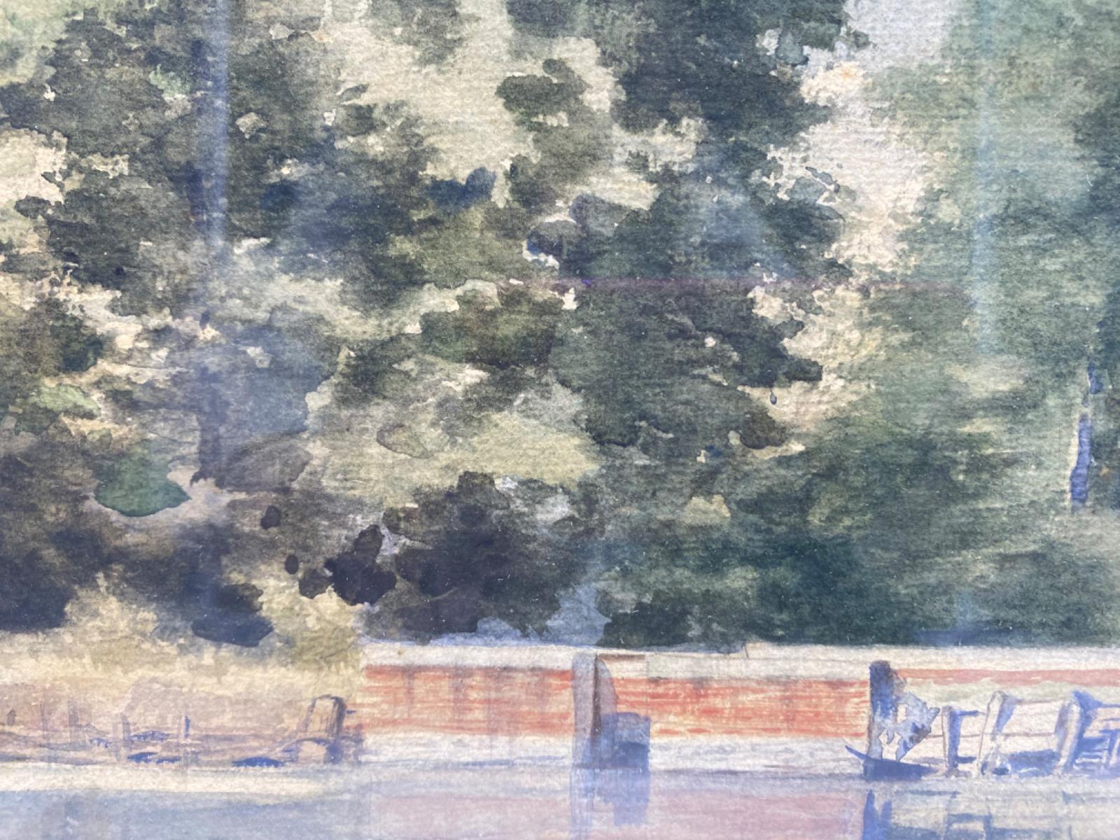 Antique 19C pair of watercolor landscape paintings in gilded wooden frames 