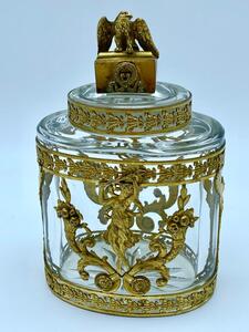 Large antique French Empire cut crystal and bronze gilded perfume bottle 