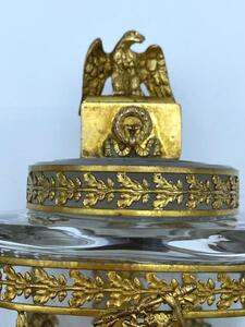 Large antique French Empire cut crystal and bronze gilded perfume bottle 