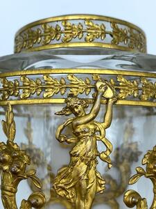 Large antique French Empire cut crystal and bronze gilded perfume bottle 