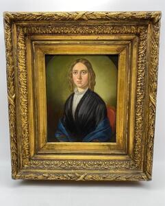 Antique portrait painting on panel of a young lady 