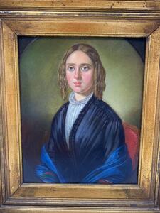 Antique portrait painting on panel of a young lady 