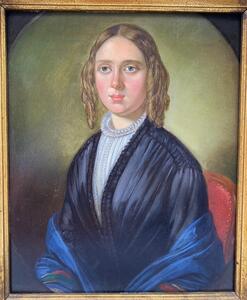 Antique portrait painting on panel of a young lady 
