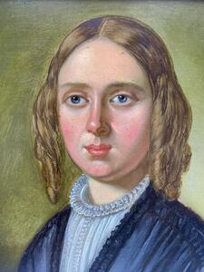 Antique portrait painting on panel of a young lady 