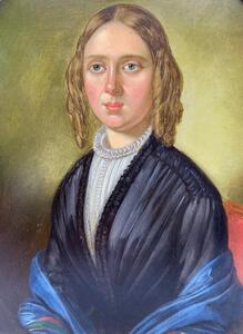 Antique portrait painting on panel of a young lady 