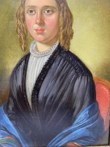Antique portrait painting on panel of a young lady 