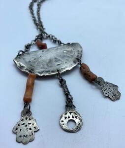 Antique Berber silver ear amulet and chain 