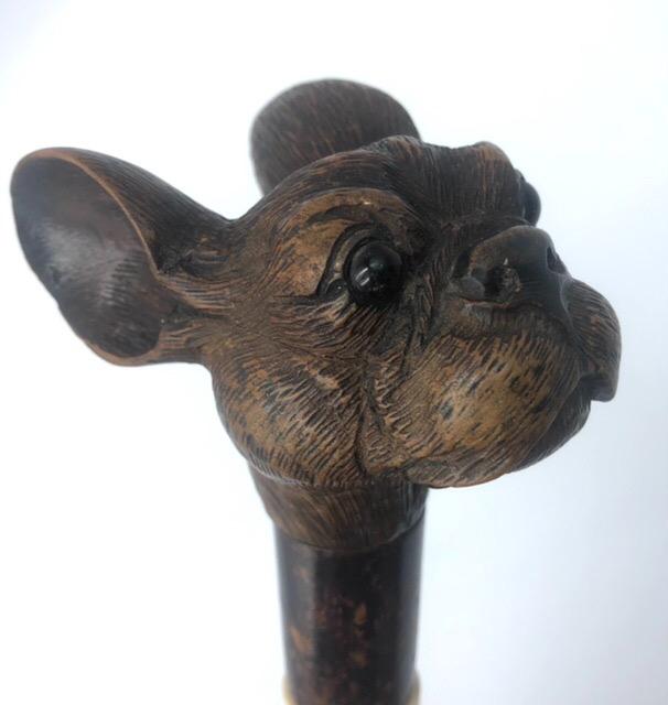 Antique Black Forest bulldog’s head walking stick cane