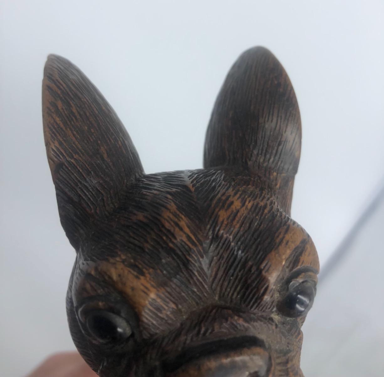 Antique Black Forest bulldog’s head walking stick cane