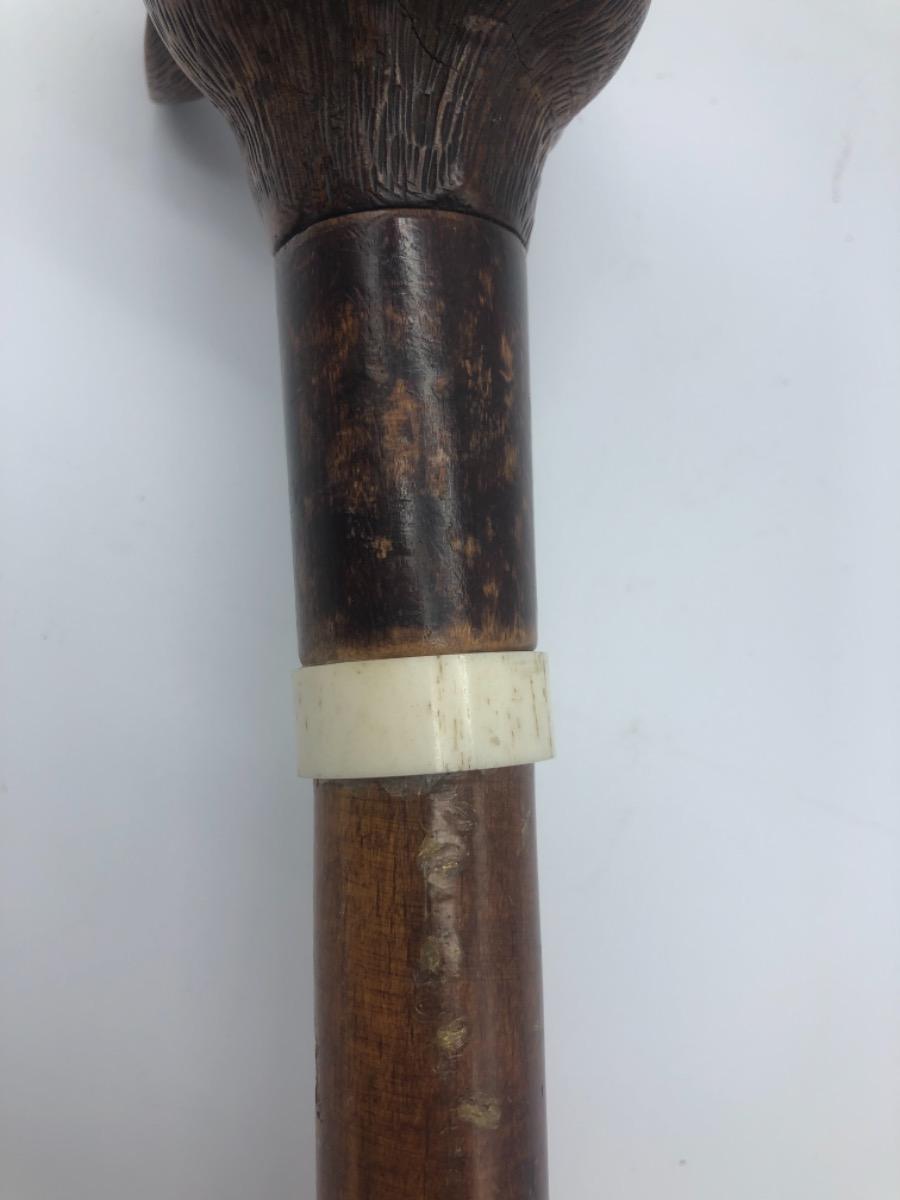 Antique Black Forest bulldog’s head walking stick cane