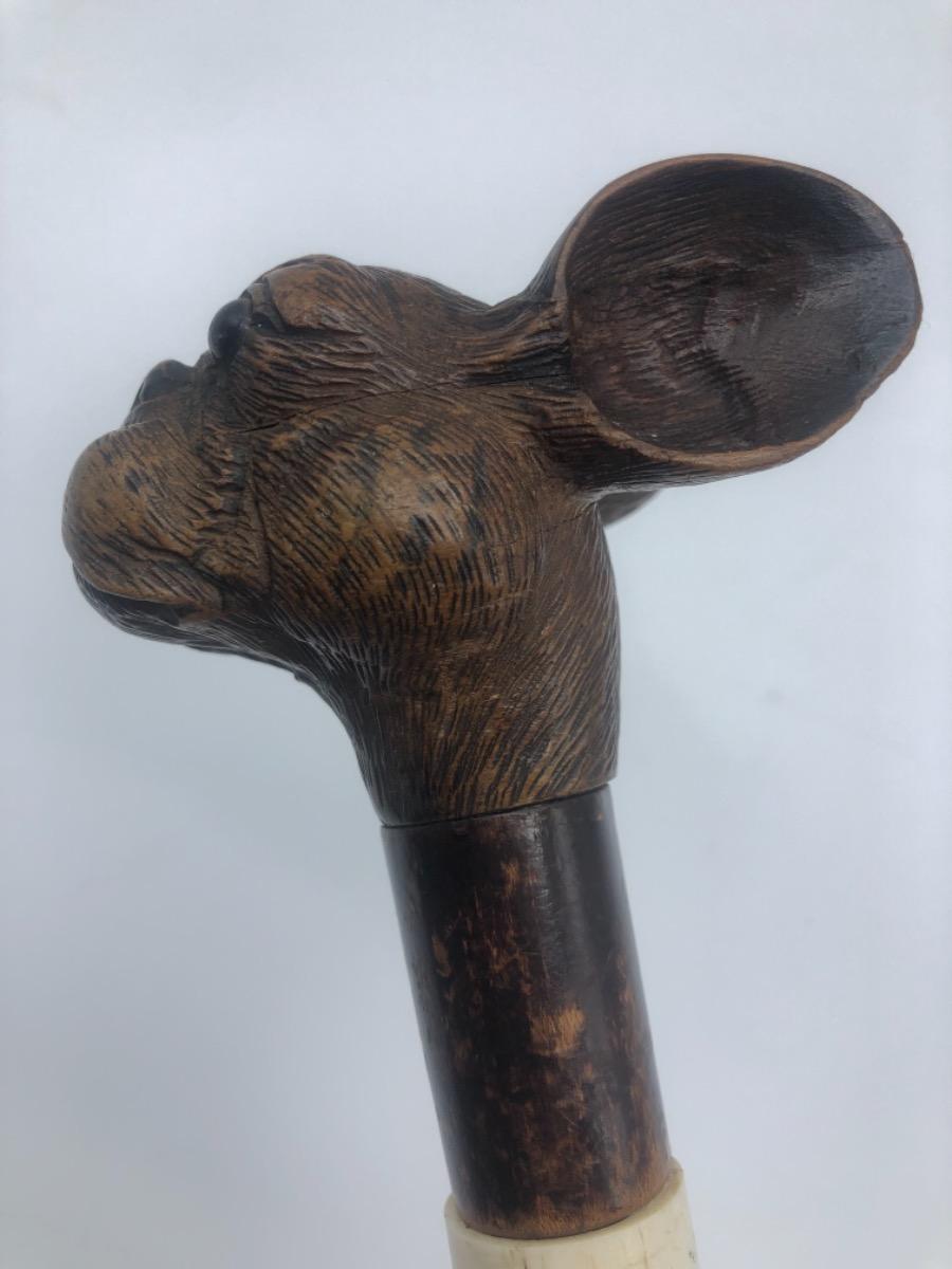 Antique Black Forest bulldog’s head walking stick cane