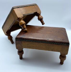 Antique pair of small oak leather topped and studded footstools 