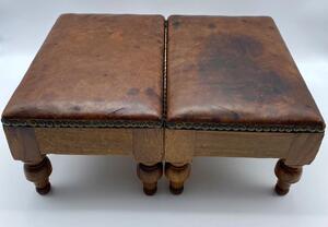 Antique pair of small oak leather topped and studded footstools 