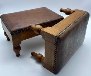 Antique pair of small oak leather topped and studded footstools 