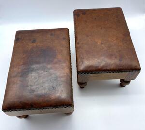 Antique pair of small oak leather topped and studded footstools 
