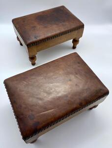 Antique pair of small oak leather topped and studded footstools 