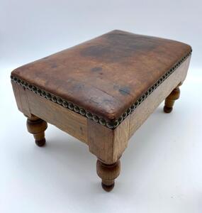 Antique pair of small oak leather topped and studded footstools 