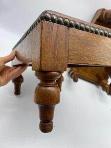 Antique pair of small oak leather topped and studded footstools 