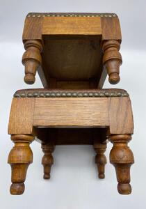 Antique pair of small oak leather topped and studded footstools 