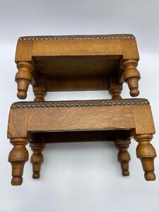 Antique pair of small oak leather topped and studded footstools 