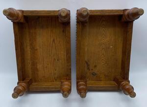 Antique pair of small oak leather topped and studded footstools 