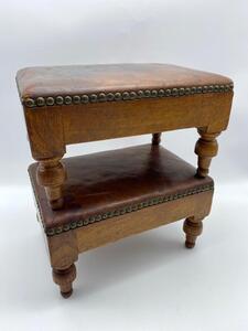Antique pair of small oak leather topped and studded footstools 
